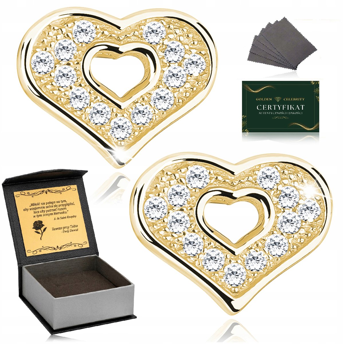 Złote Kolczyki Damskie Serca Z Cyrkoniami Srebro 925 Pozłacane + Grawer