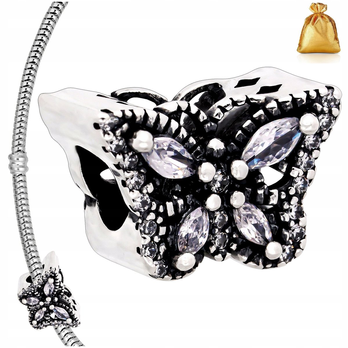 Srebrny Charms Zawieszka Motyl Z Cyrkoniami Srebro Próba 925 Rodowany