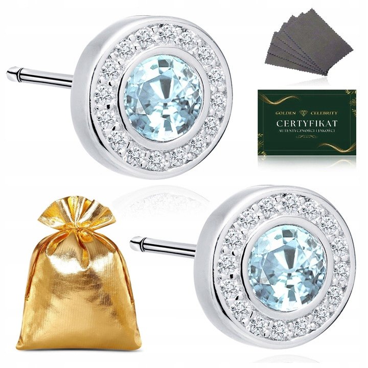 Kolczyki Srebrne Okrągłe Z Cyrkoniami Sztyfty Wkrętki Błękitny Kamień 925