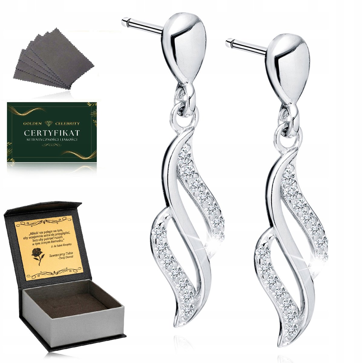 Eleganckie Srebrne Kolczyki Damskie Pr. 925 Wiszące Z Cyrkoniami + Grawer