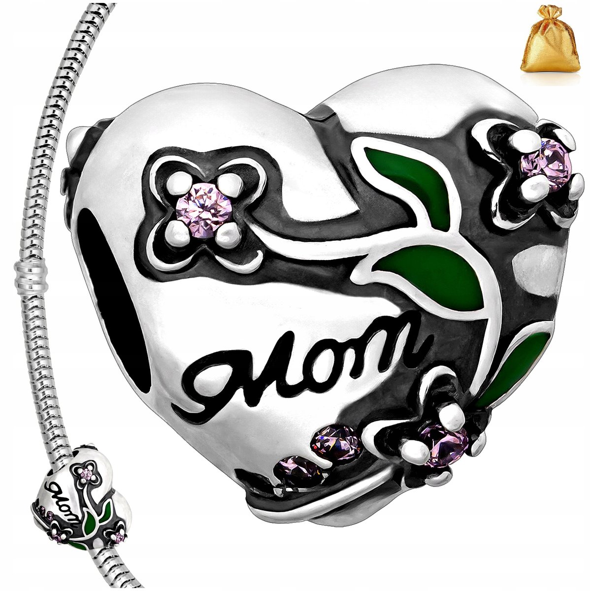 Srebrny Charms Zawieszka Serce Dla Serce Mamy + Cyrkonie Srebro Próba 925