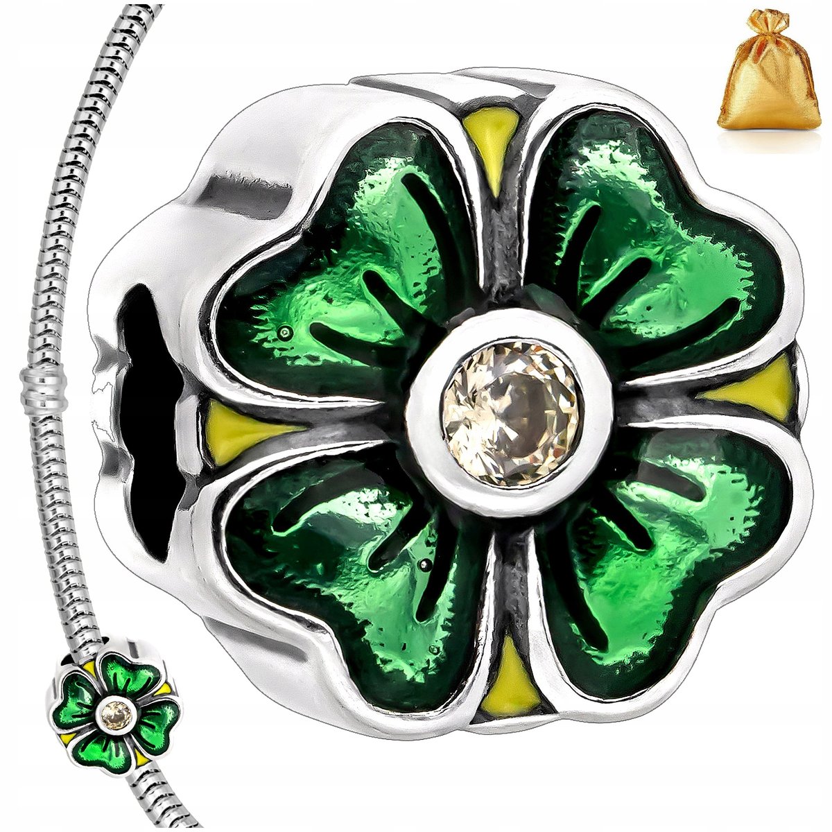 Srebrny Charms Zawieszka Koralik Zielona Koniczynka Srebro 925 Rodowane