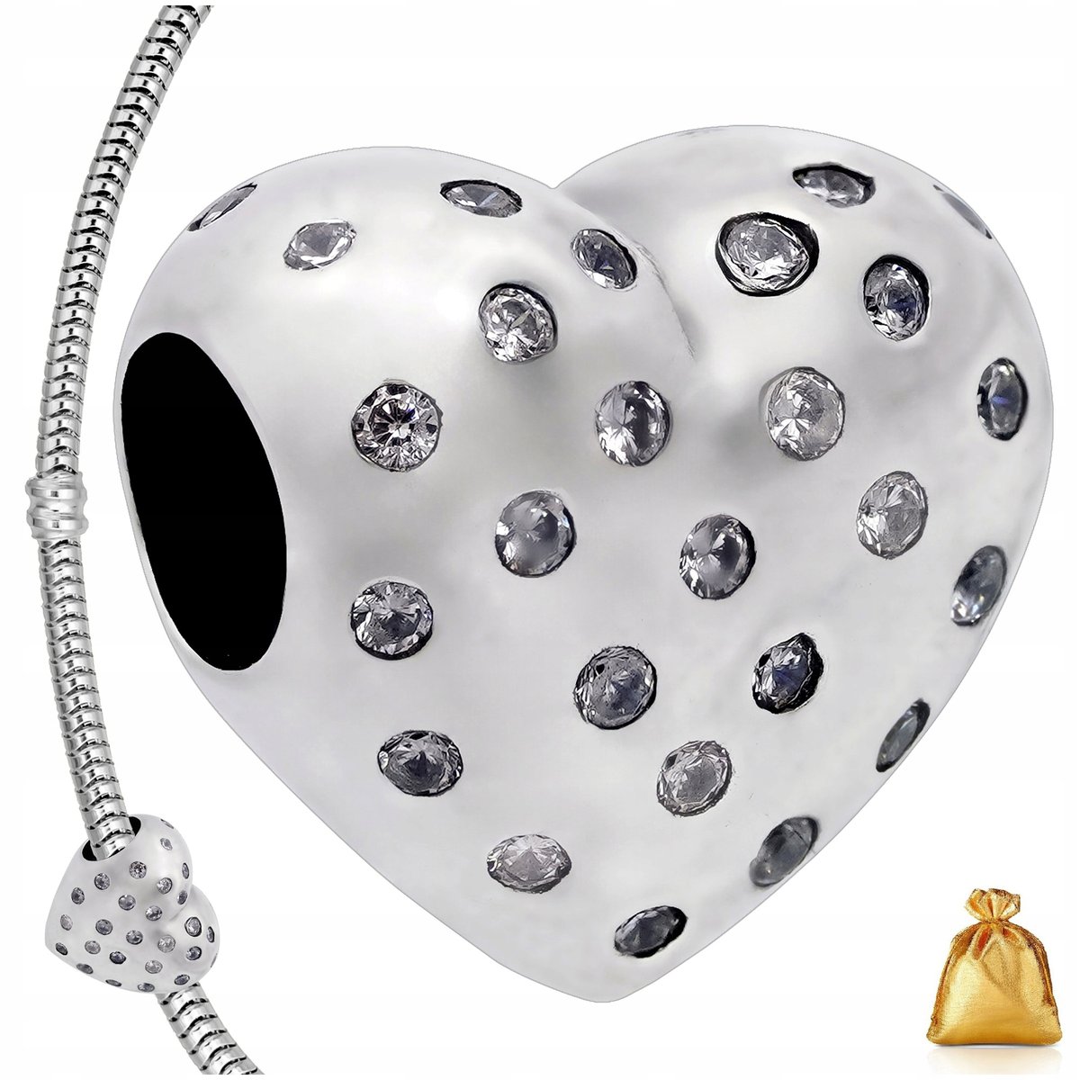 Srebrny Charms Zawieszka Koralik Serce Z Cyrkoniami Srebro 925 Rodowane