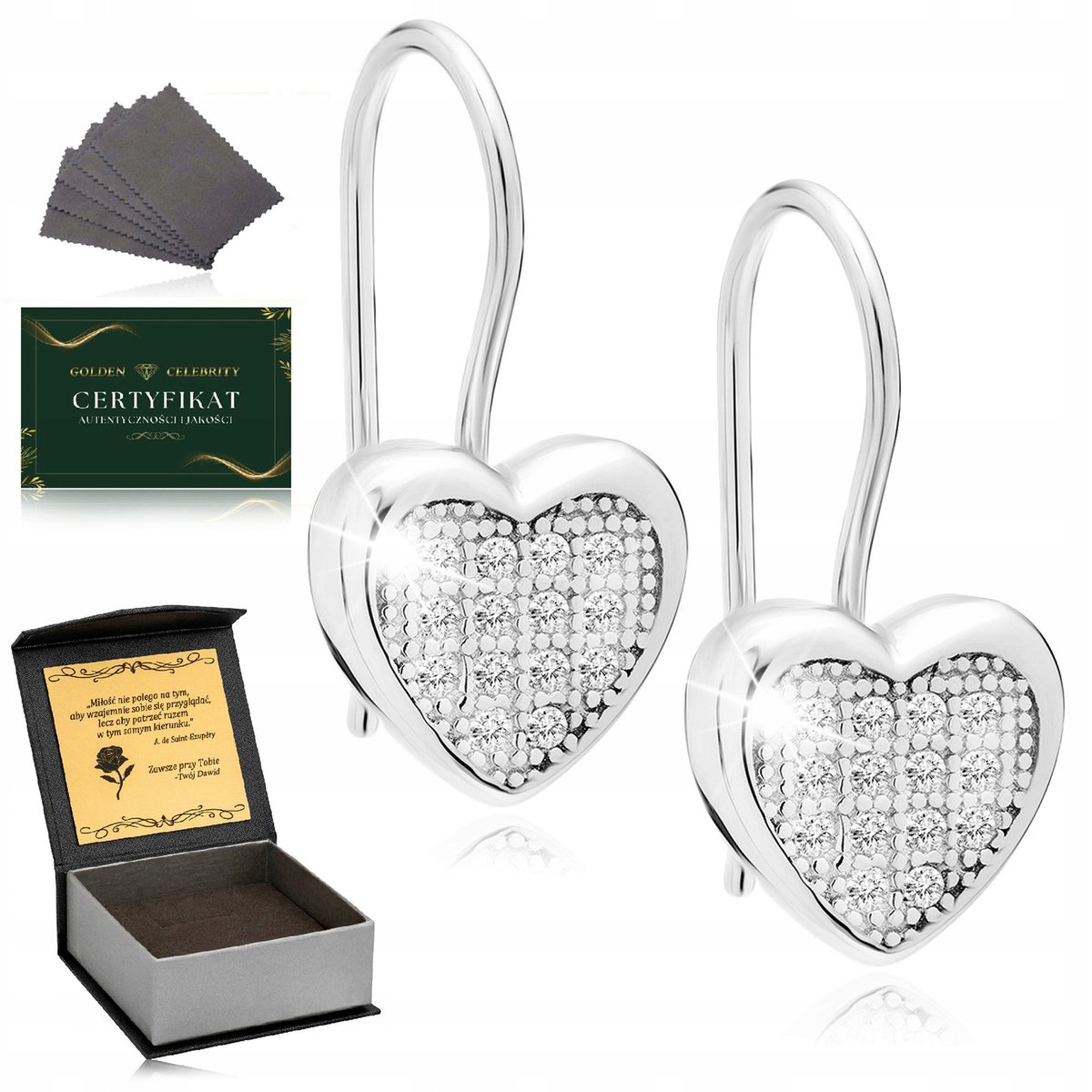 Srebrne Kolczyki Damskie Serca Z Cyrkoniamii Na Biglu Na Prezent + Grawer