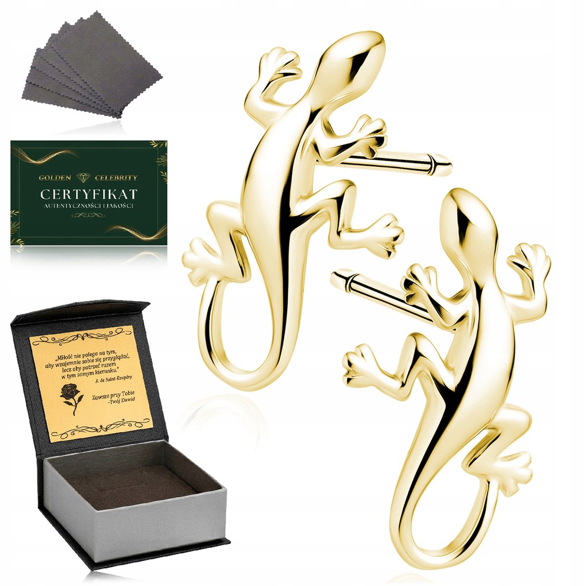 Złote Kolczyki Damskie Jaszczurki Pr. 925/585 Pozłacane Na Prezent + Grawer