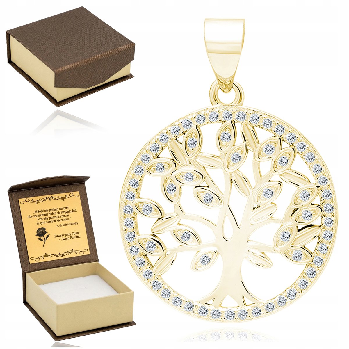 Złota Zawieszka Drzewko Szczęścia 925 + Pudełko Na Biżuterię+Grawer Gratis
