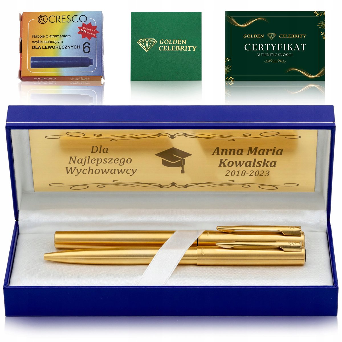 ZŁOTE PIÓRO WIECZNE+DŁUGOPIS WATERMAN OIRYGINALNY ZESTAW PREZENTOWY+GRAWER