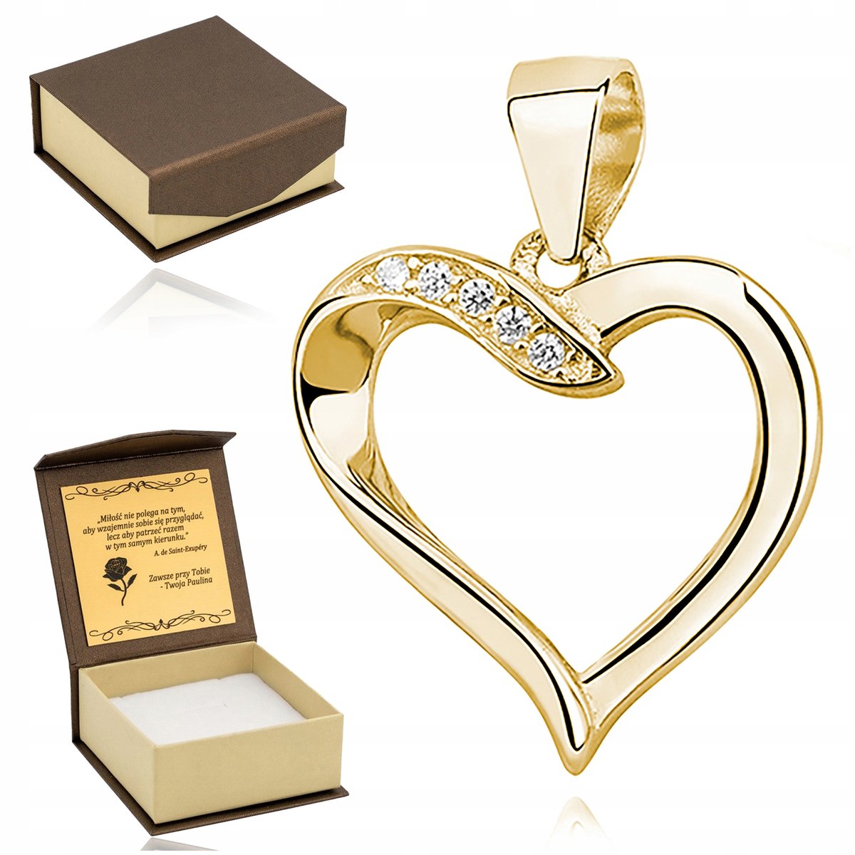 Złota Zawieszka Serce Serduszko Z Cyrkoniami Srebro 925+Pudełko Z Grawerem