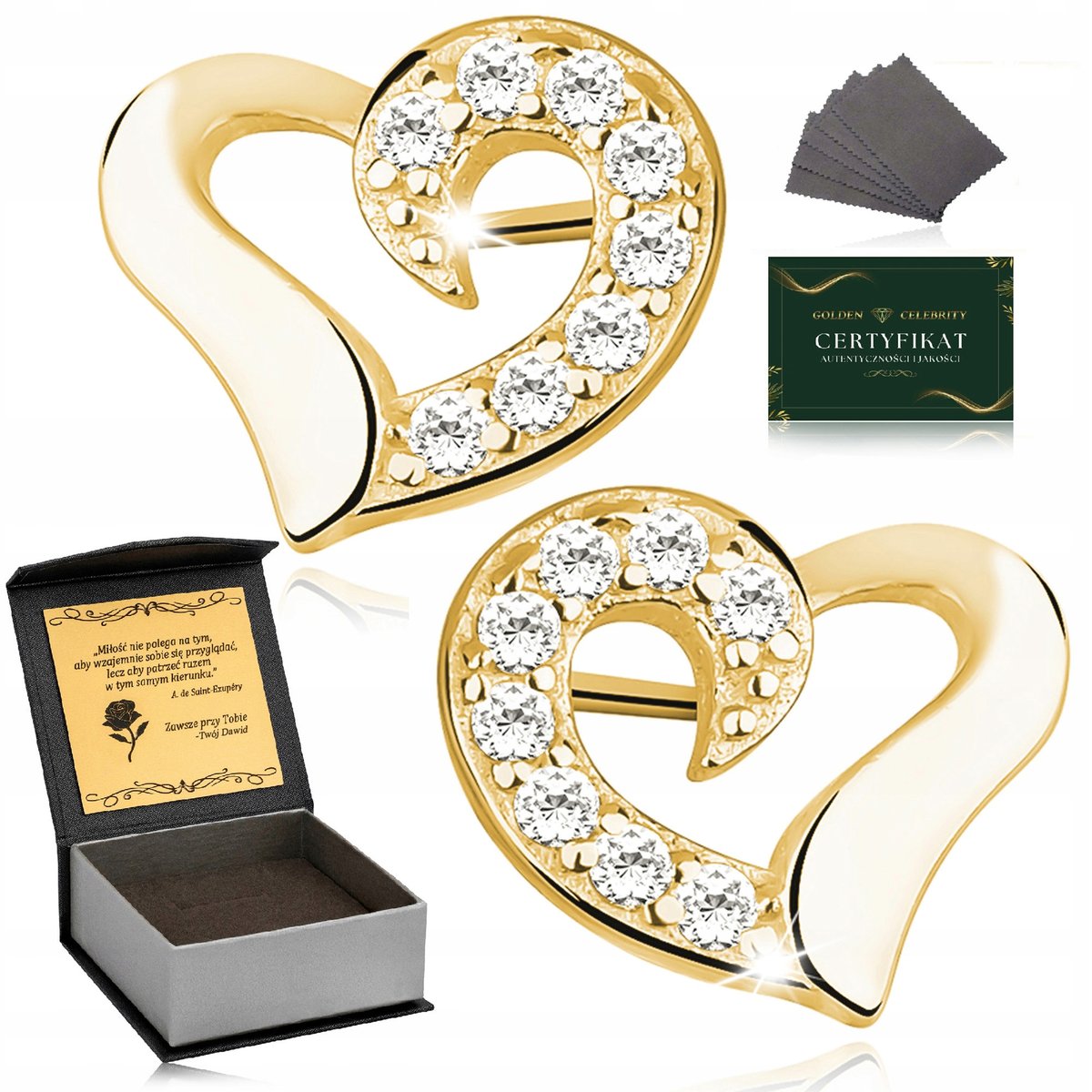 Złote Kolczyki Damskie Serca Z Cyrkoniami Srebro 925/585 Pozłacane + Grawer