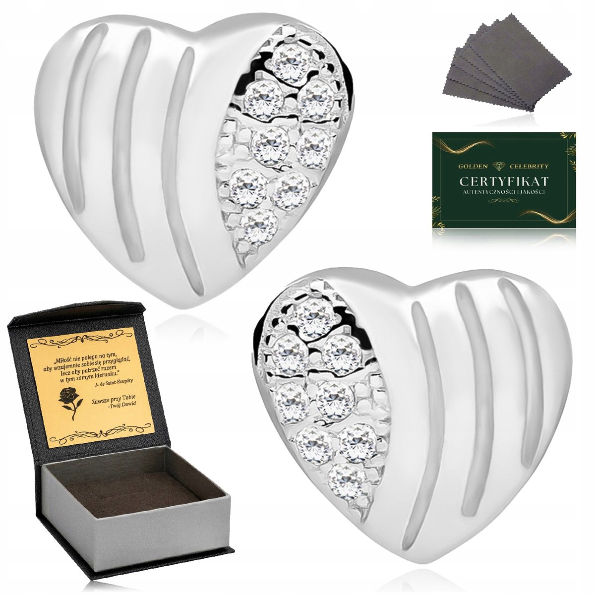 Srebrne Kolczyki Damskie 925 Serca Serduszka Z Cyrkoniami Prezent + Grawer