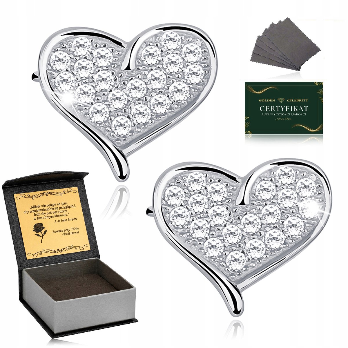 Srebrne Kolczyki Damskie 925 Serduszka Z Cyrkoniami Prezent Dla Niej+Grawer