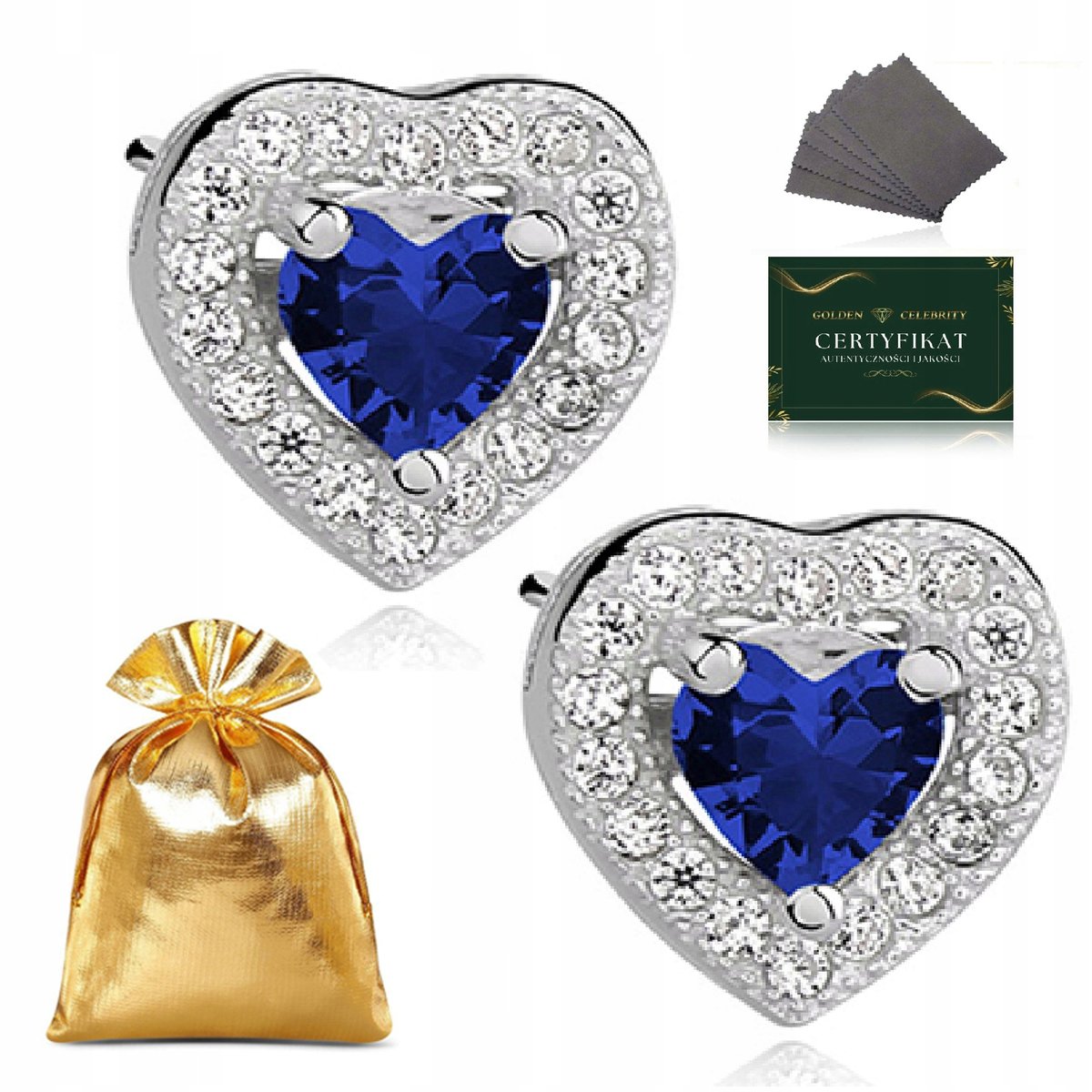 Eleganckie Srebrne Kolczyki Damskie Granatowe Serca Z Cyrkoniami Na Prezent