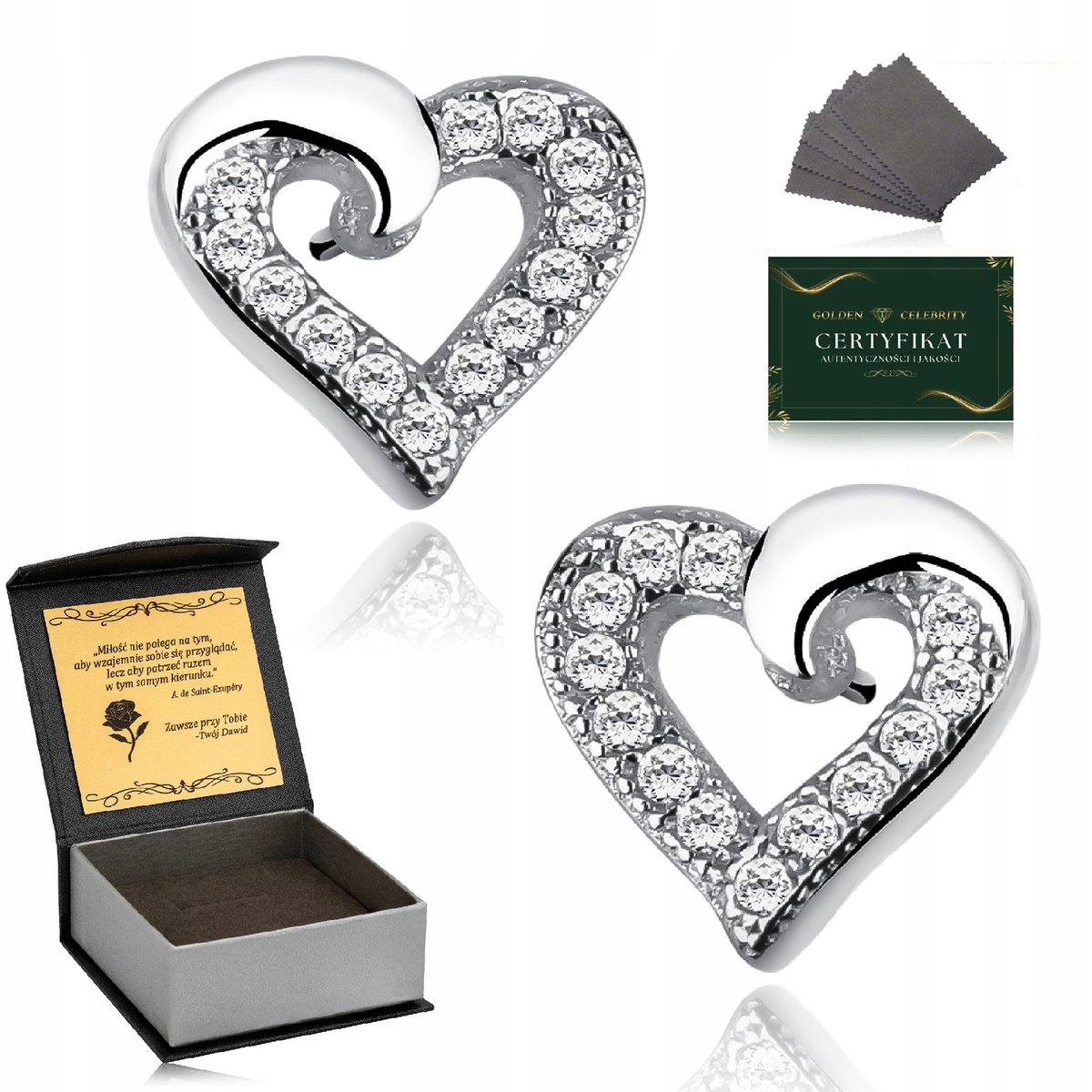Kolczyki Srebrne Wkrętki 925 Serca Serduszka Z Cyrkoniami + Grawer + Gratis