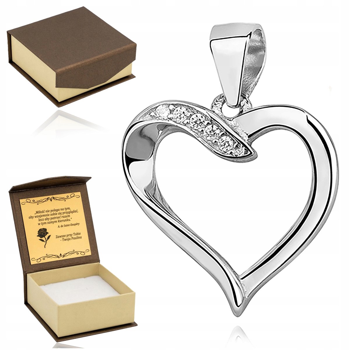 Srebrna Zawieszka Wisiorek Serce Z Cyrkoniami Srebro 925+Pudełko Z Grawerem