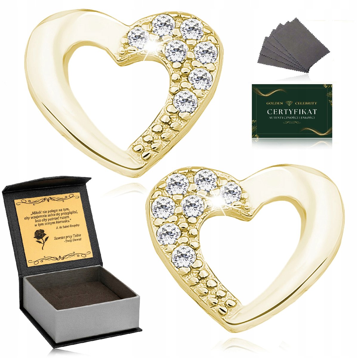 Deliatne Złote Kolczyki Damskie Serca Z Cyrkoniami 925 Dla Córki + Grawer