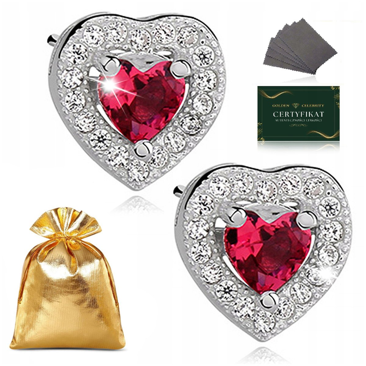 Eleganckie Srebrne Kolczyki Damskie Czerwone Serca Z Cyrkoniami Na Prezent