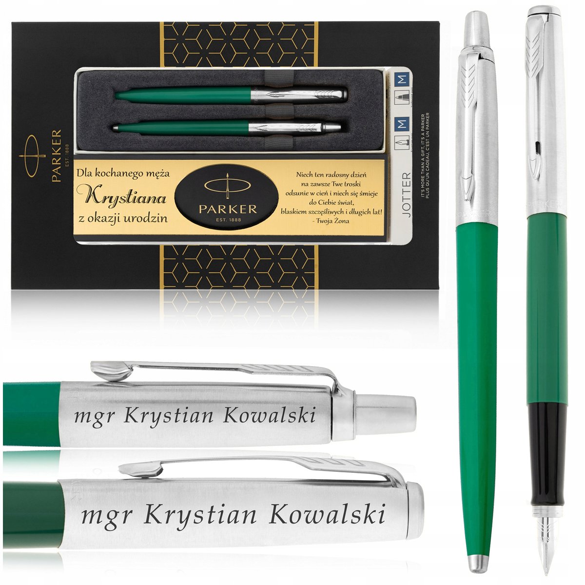 ZESTAW PREZENTOWY PARKER JOTTER Z GRAWEREM PIÓRO WIECZNE+DŁUGOPIS+DEDYKACJA