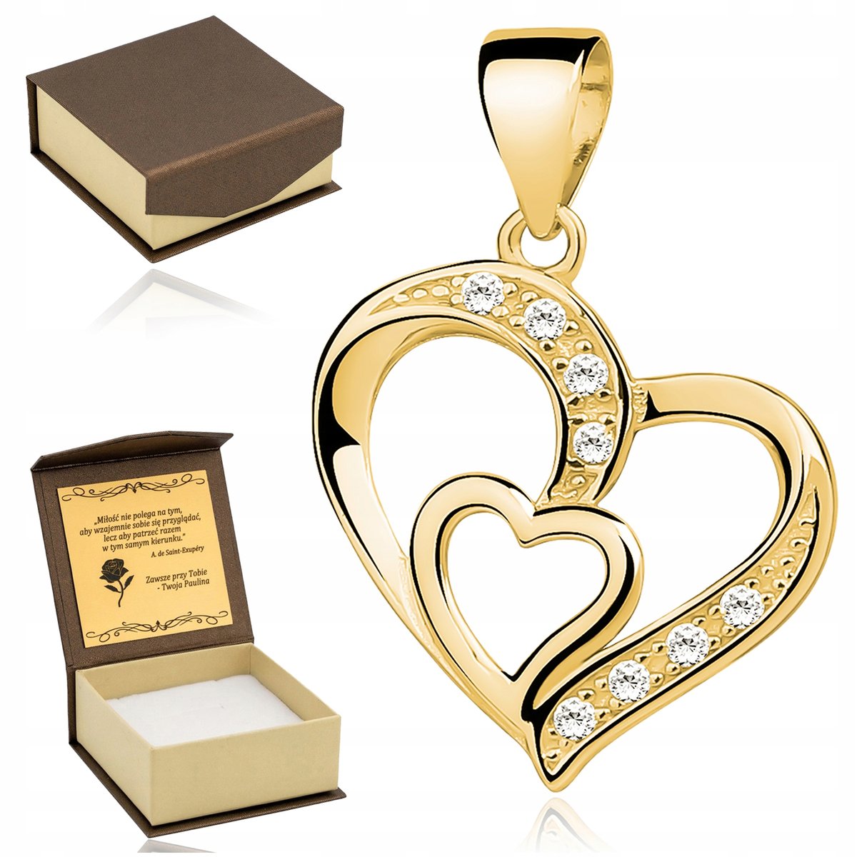 Złota Zawieszka Serce Z Cyrkoniami Srebro 925 / Pudełko Na Biżuterię Grawer