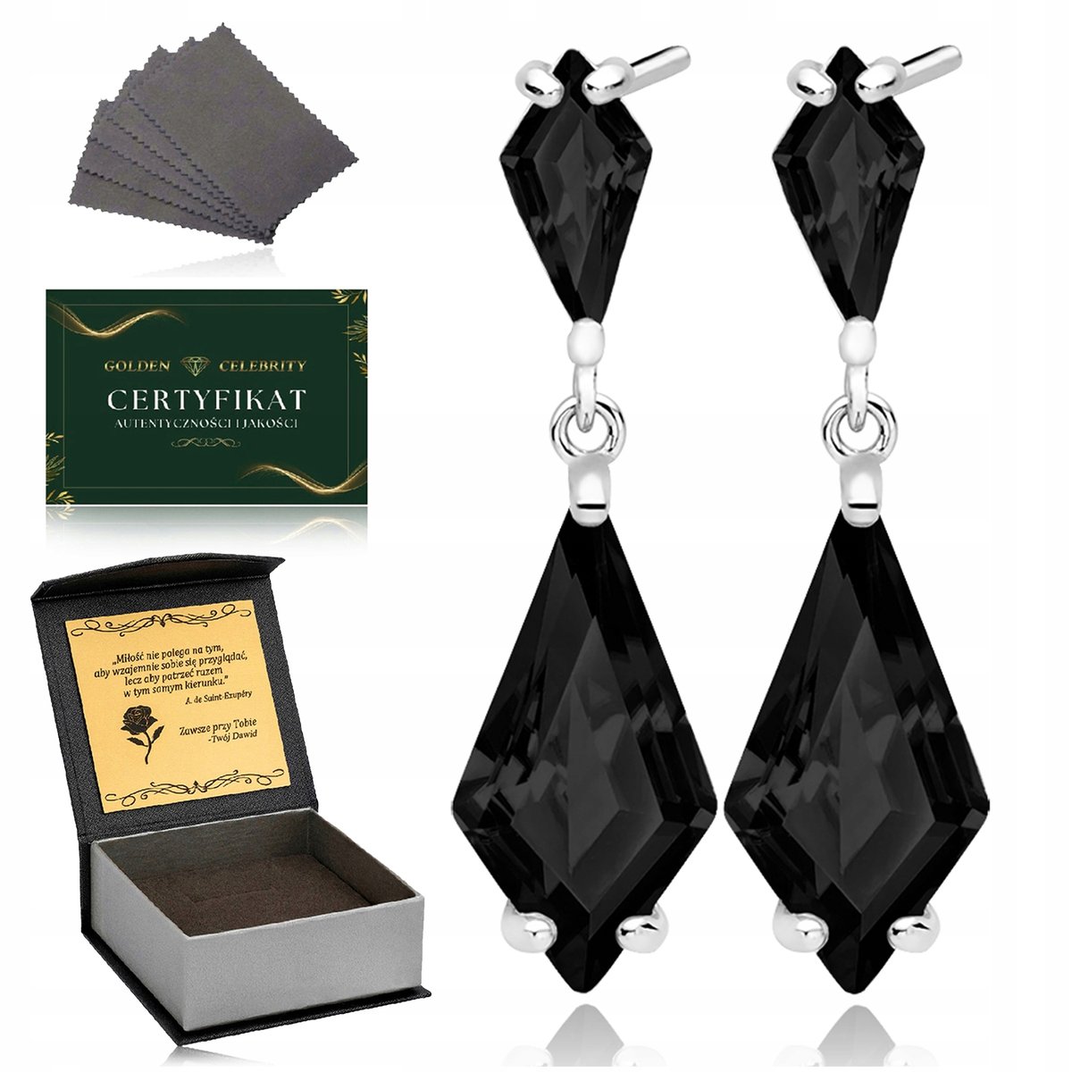 Srebrny Kolczyki Damskie Wiszące Długie Z Czarnymi Kryształami 925 + Grawer