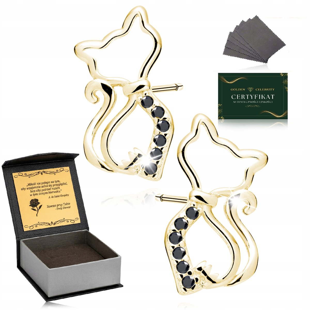 Złote Kolczyki Damskie Kotki Z Cyrkoniami Srebro 925 Pozłacane + Grawer