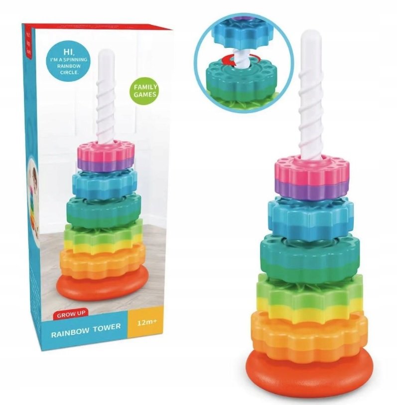Piramida obrotowa wieża sorter układanka tęczowa 35,6cm 6el.