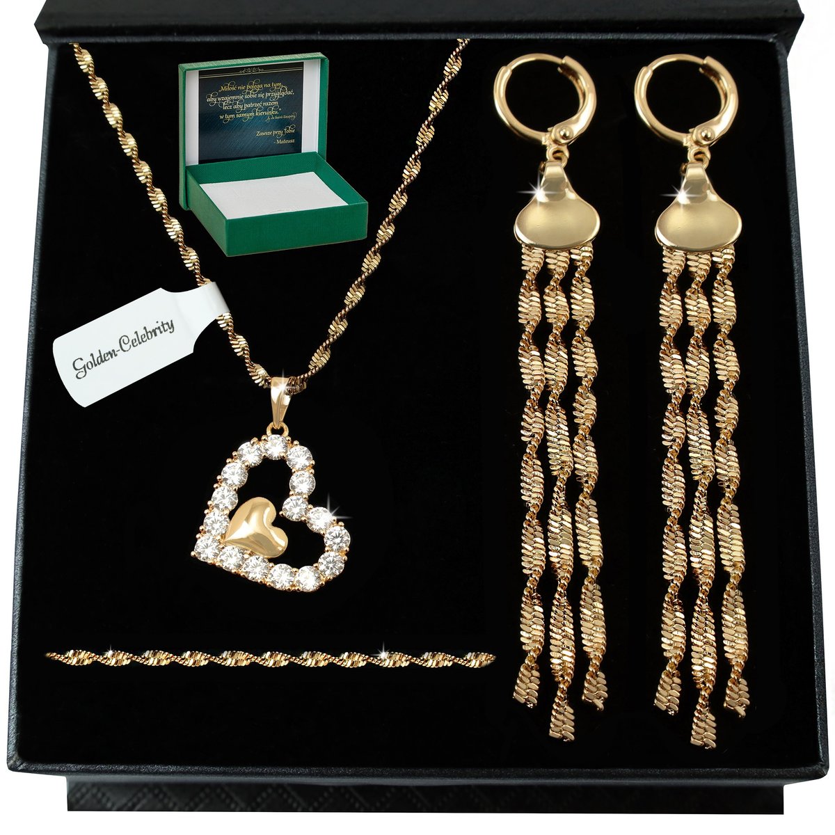 BIŻUTERIA ZE STALI CHIRURGICZNEJ ZŁOTY NASZYJNIK+ZAWIESZKA+KOLCZYKI WISZĄCE