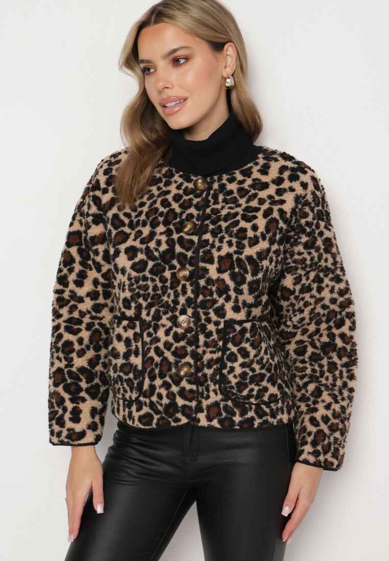 Brązowa Panterkowa Futrzana Kurtka z Kieszeniami Sewilaine