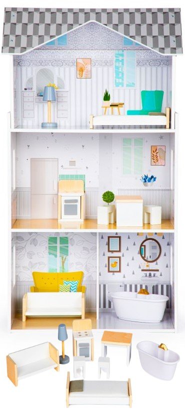 Drewniany Domek dla Lalek DUŻY 96cm z mebelkami dla dzieci 4 Pomieszczenia 53x27x95