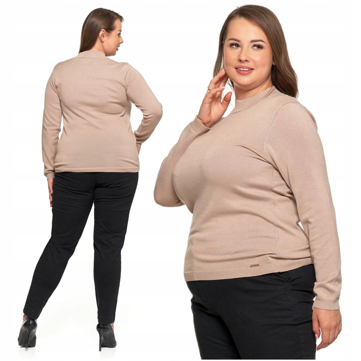 Beżowy Sweter Półgolf Damski Długi Rękaw Czarny Klasyczny dla Niej MORAJ L