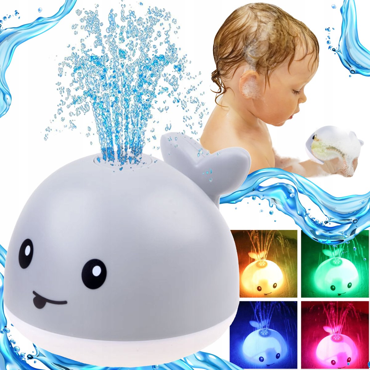 FONTANNA ZABAWKA DO KĄPIELI WODY TRYSKAJĄCY WIELORYB ŚWIECĄCY