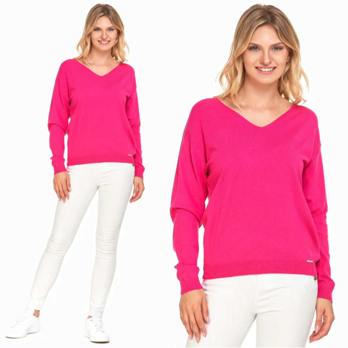 Sweter Damski Różowy Luźny Dekolt w Serek Stylowy Modny Elegancki MORAJ M