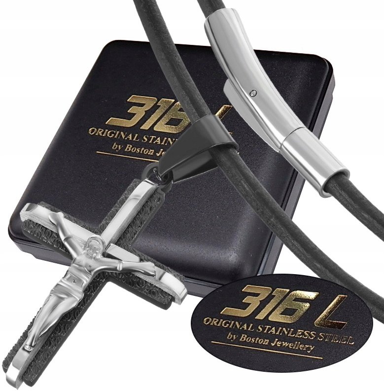 GRUBY RZEMIEŃ RZEMYK NA SZYJĘ + KRZYŻYK ORYGINALNY ZESTAW BOSTON JEWELLERY