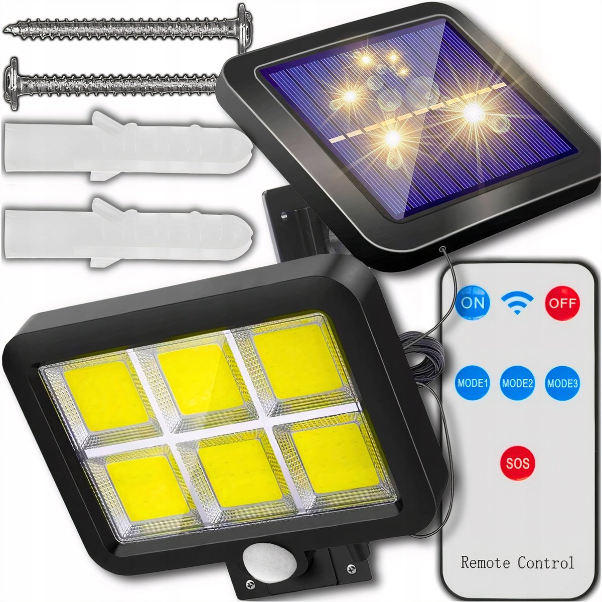LAMPA SOLARNA Z CZUJNIKIEM RUCH ZMIERZCHU LED ZEWNĘTRZNA OGRODOWA + PILOT