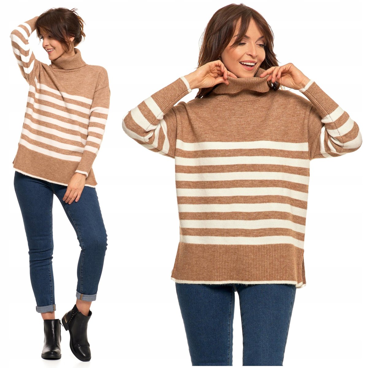 SWETER DAMSKI w Paski Golf Luźny Wygodny Beżowy Stylowy na Jesień MORAJ L