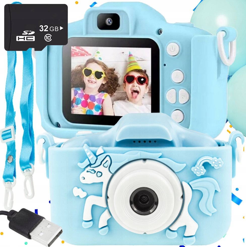 APARAT CYFROWY DZIECI Dziecka Fotograficzny NIEBIESKI UNICORN + KARTA 32GB