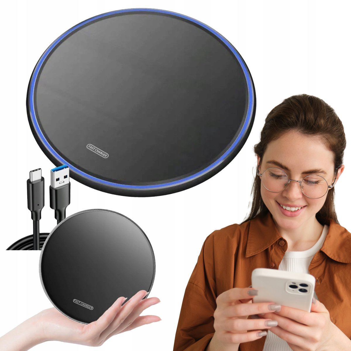 SZYBKA ŁADOWARKA INDUKCYJNA QI BEZPRZEWODOWA 15W Z PODŚWIETLENIEM + USB-C
