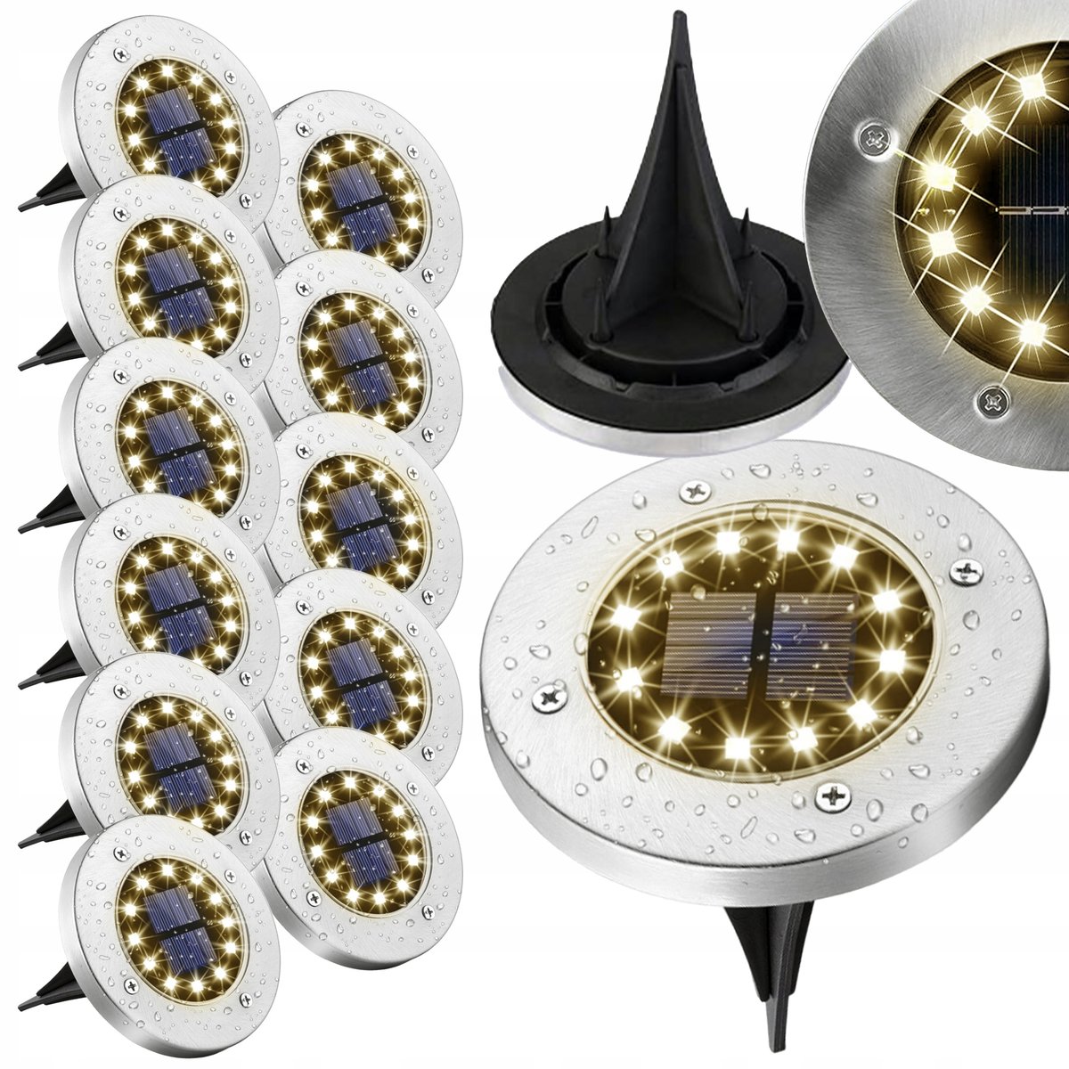 LAMPA SOLARNA OGRODOWA LAMPKI LED GRUNTOWE DYSK CZUJNIK ZMIERZCHU 12 DYSKÓW