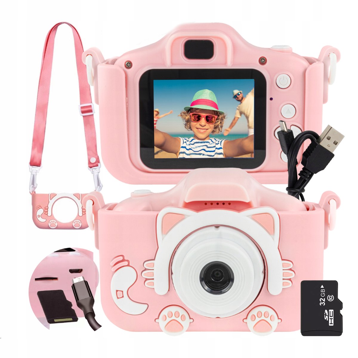 APARAT CYFROWY DLA DZIECI Dziecka Fotograficzny RÓŻOWY KOTEK + KARTA 32GB