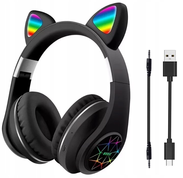 Lewer Kocie Uszy Bezprzewodowe Nauszne Kolory RGB Dla Dzieci
