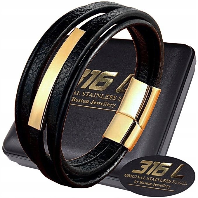 GRUBA SKÓRZANA BRANSOLETA BRANSOLETKA MĘSKA STAL CHIRURGICZNA CZARNA SKÓRA