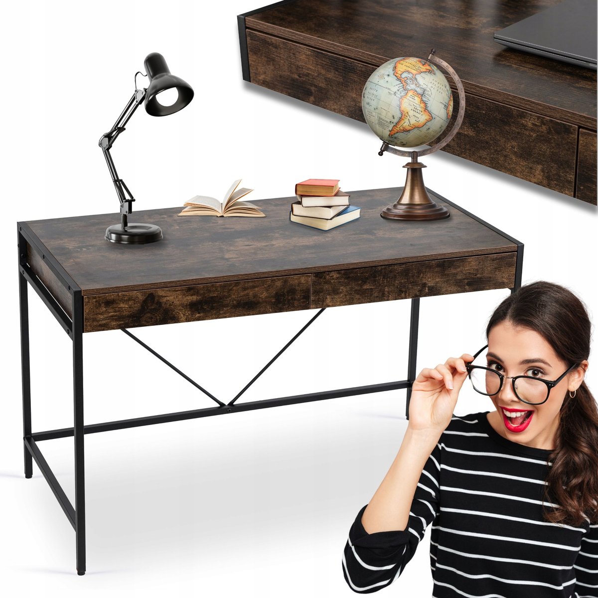 Biurko Loft z Szufladami Drewniane ALLY Rustykalne Industrialne Na Komputer