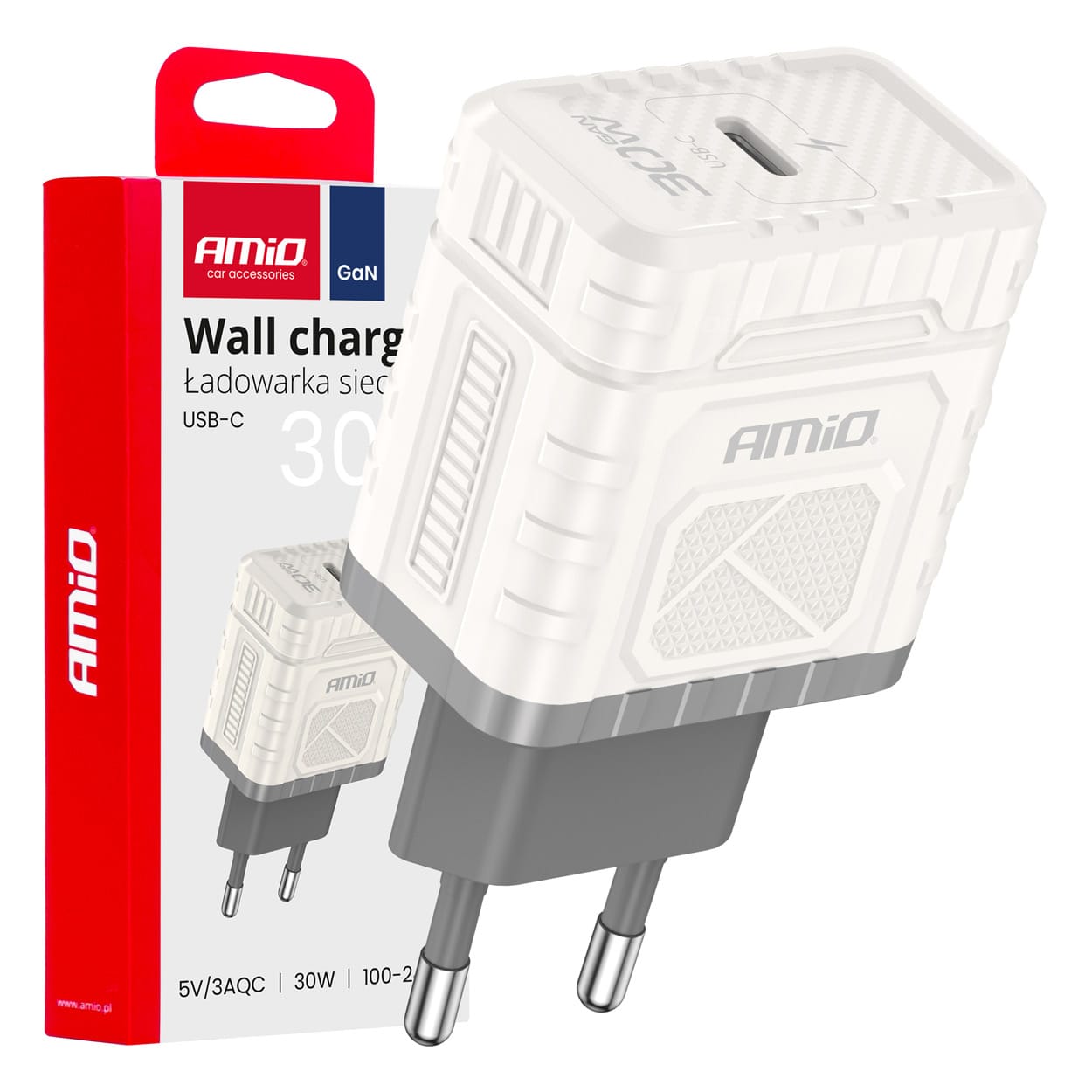 Ładowarka sieciowa quick charge gan pd 30w usb-c amio-04285