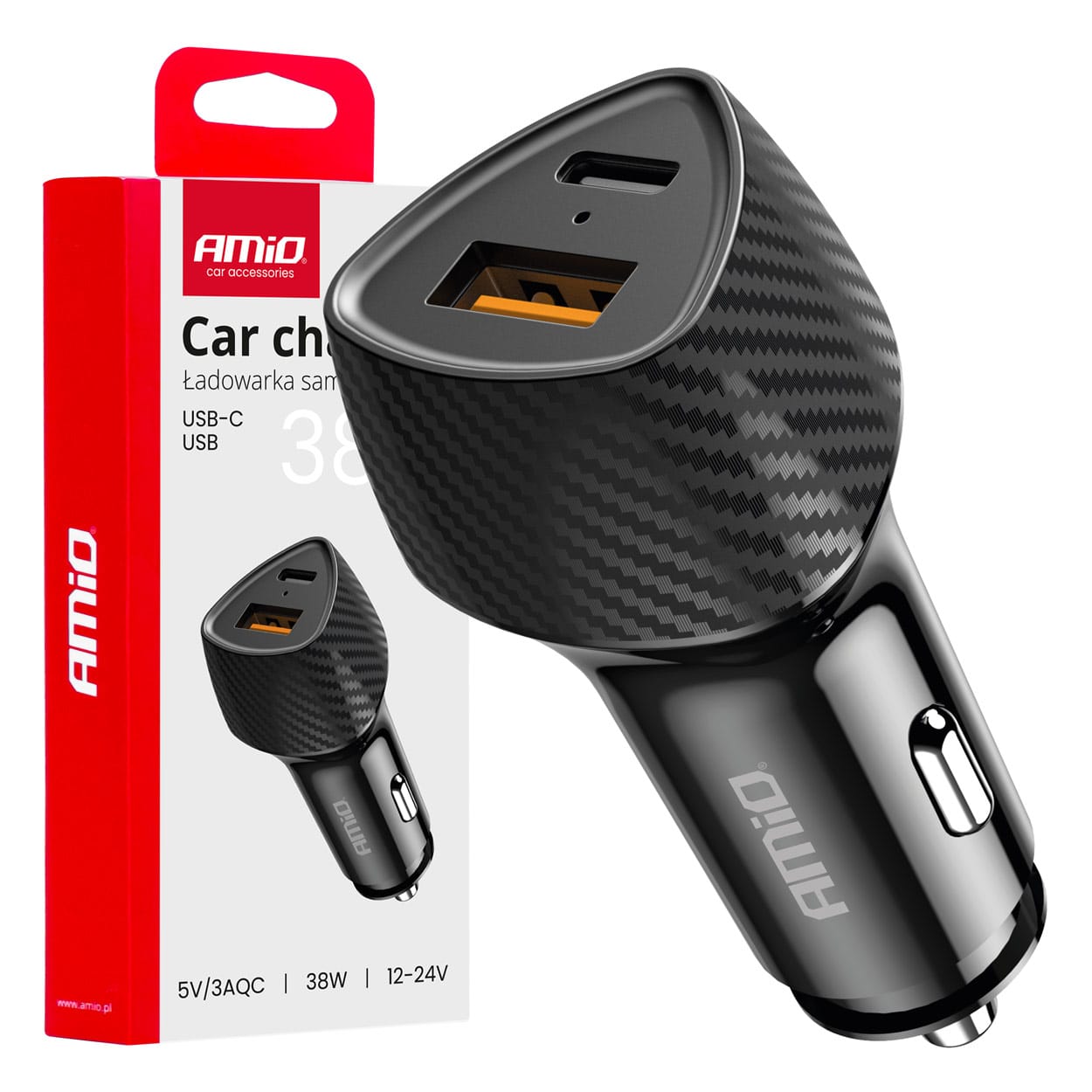 Ładowarka samochodowa qc+pd 38w usb-a + usb-c amio-04283