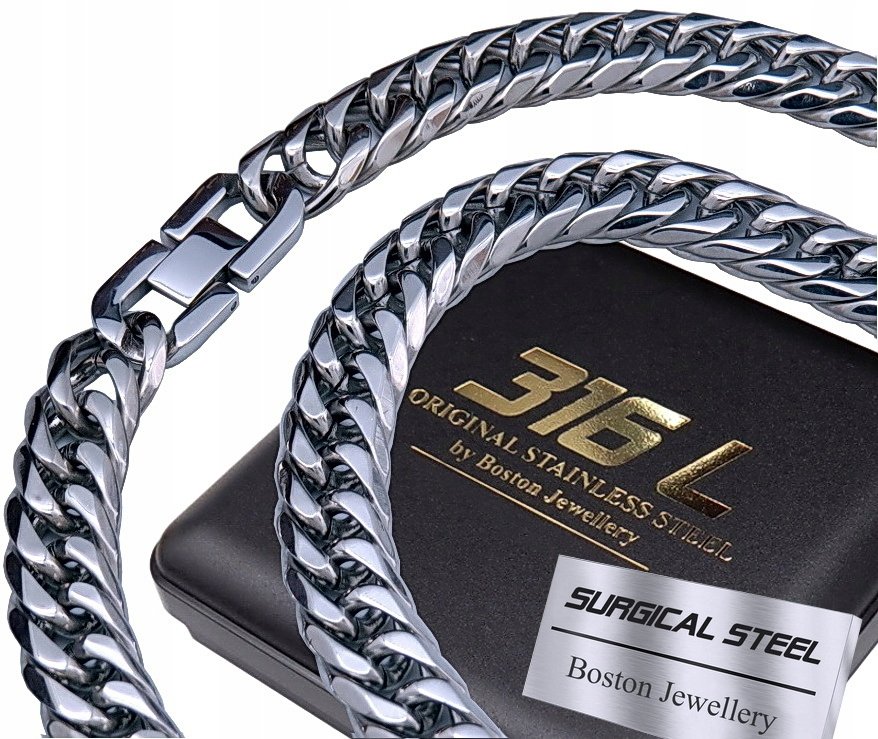 GRUBA SREBRNA BRANSOLETA + ŁAŃCUSZEK NA SZYJĘ ZESTAW 12MM STAL CHIRURGICZNA