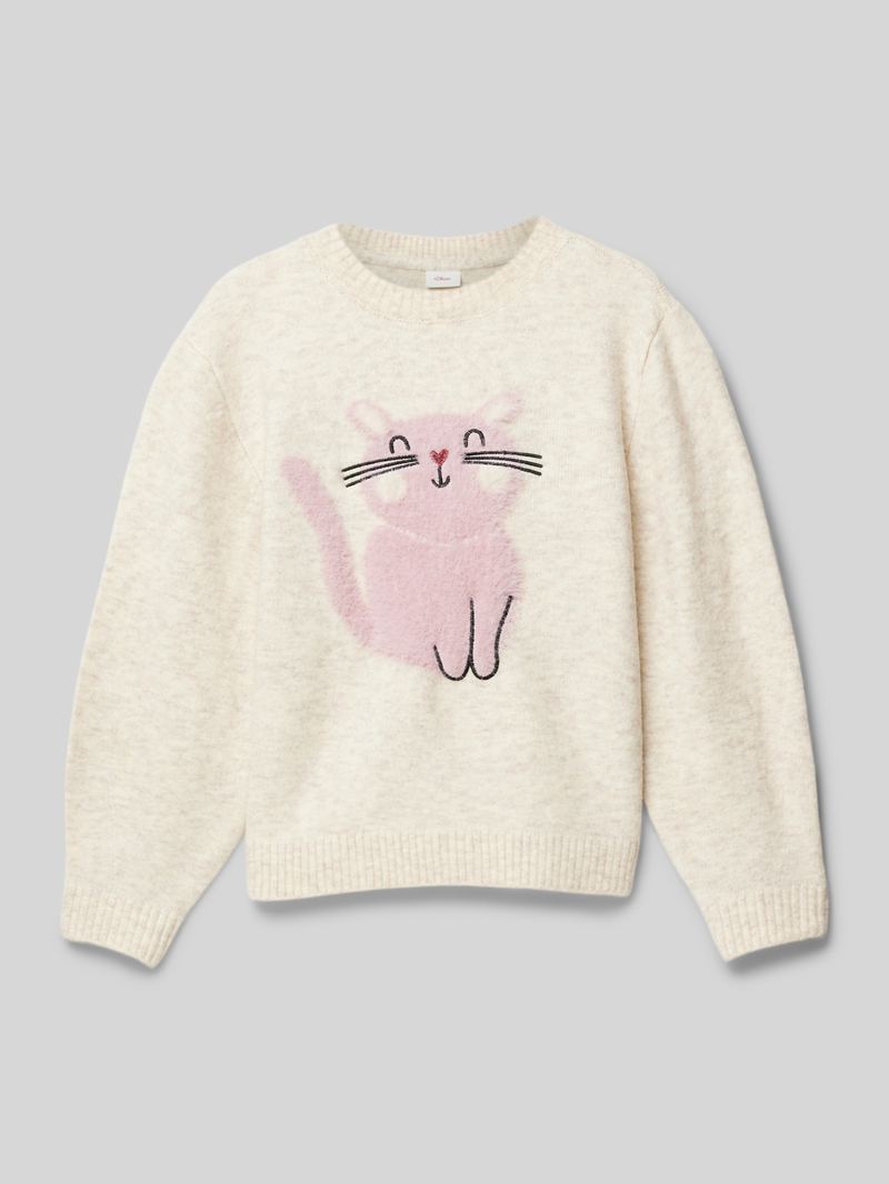 Sweter z dzianiny o luźnym kroju z flauszowym motywem w koty
