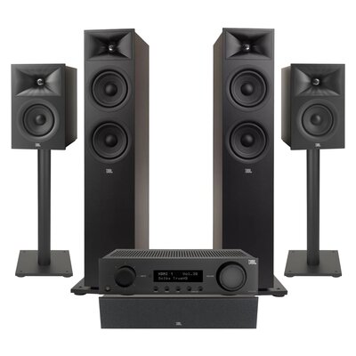 Amplituner JBL MA310 Czarny + Kolumny głośnikowe JBL Stage 2 260F Czarny (2 szt.) + Kolumna głośnikowa JBL Stage 2 240 B Czarny (2 szt.) + Głośnik centralny JBL Stage 2 245C Czarny (1 szt.) + Stojaki do głośników JBL Stage FS Czarny (2 szt.)