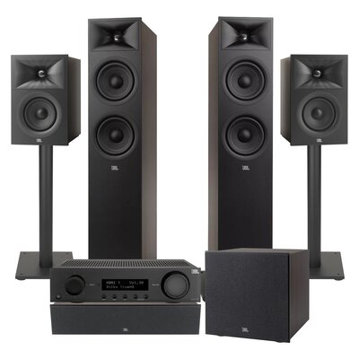 Amplituner JBL MA310 + Kolumny głośnikowe JBL Stage 2 260F (2 szt.) + Kolumna głośnikowa JBL Stage 2 240 B (2 szt.) + Głośnik centralny JBL Stage 2 245C (1 szt.) + Subwoofer JBL Stage 2 200 P + Stojaki do głośników JBL Stage FS (2 szt.) Czarny