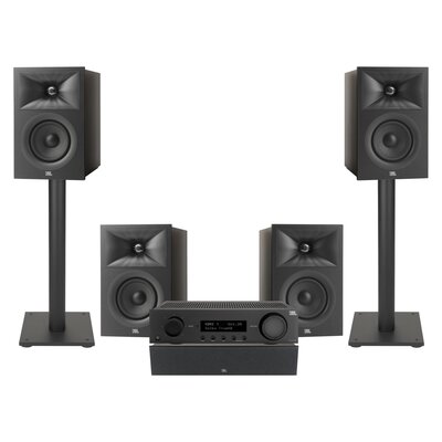 Amplituner JBL MA310 Czarny + Kolumna głośnikowa JBL Stage 2 240 B Czarny (4 szt.) + Głośnik centralny JBL Stage 2 245C Czarny (1 szt.) + Stojaki do głośników JBL Stage FS Czarny (2 szt.)