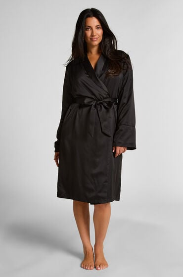 Hunkemöller Satynowy szlafrok z polarem Czarny
