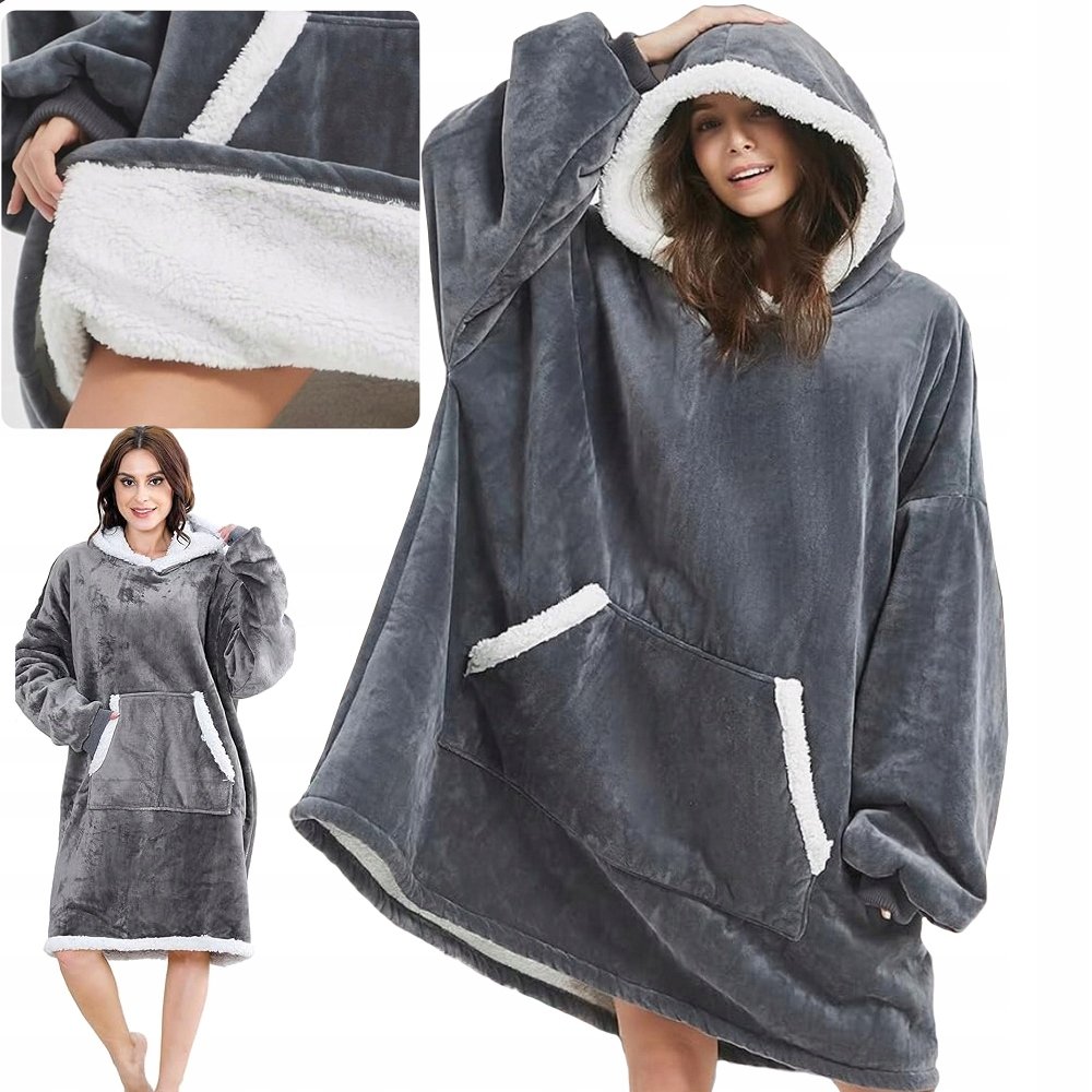 BLUZA CIEPŁA KOC OVERSIZE XXL 2W1 GRUBA FUTRZAK MIĘKKA Z KAPTUREM SZLAFROK